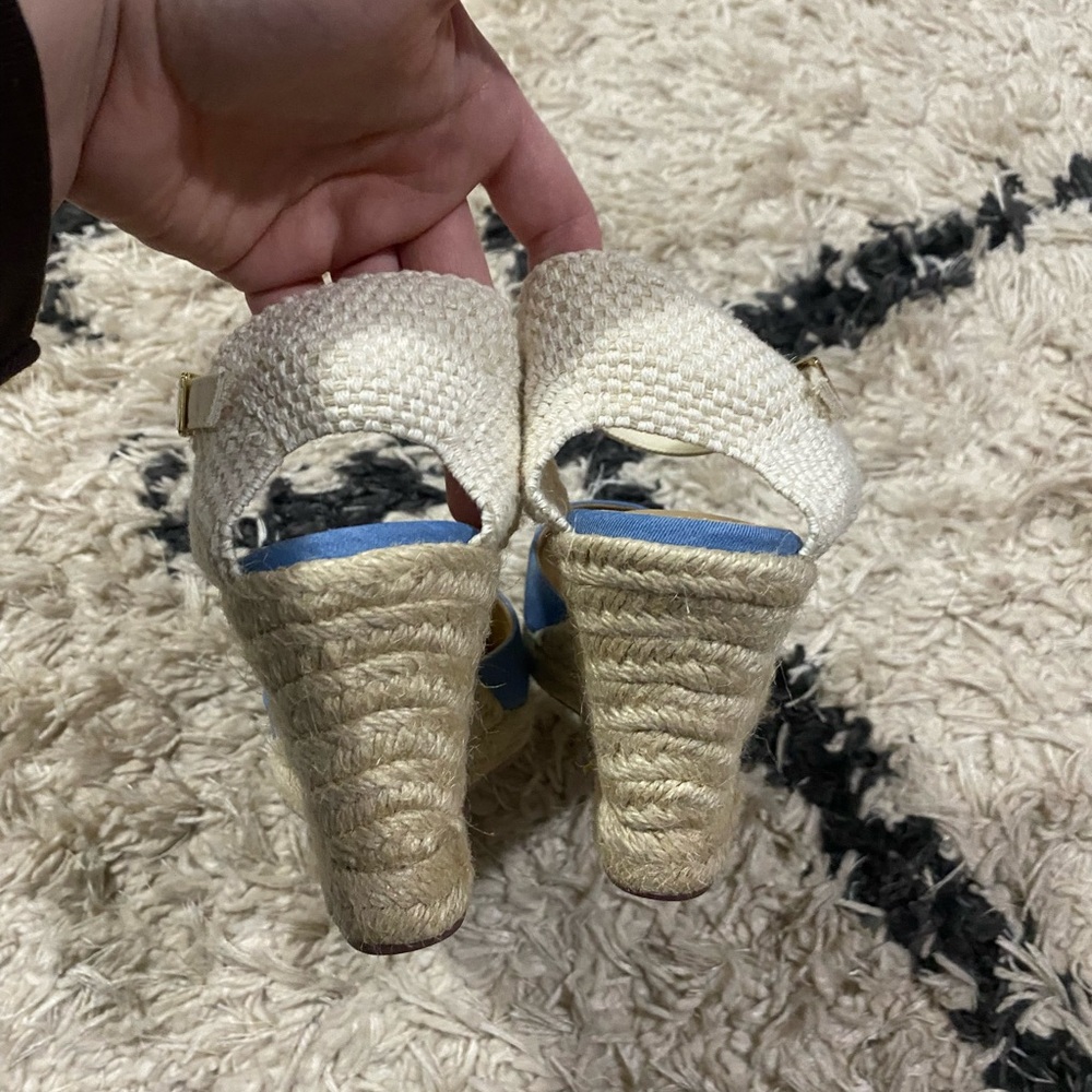 J.Crew Blue and Cream Knit Ankle Strap Espadrille Platform Wedges - Picture 5 of 10